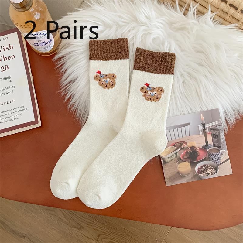 2 Pairs of Autumn and Winter Color-blocking Mid-calf Socks for Women, Thickened Warm Cartoon Cute Cotton Socks, Versatile Pile Socks
