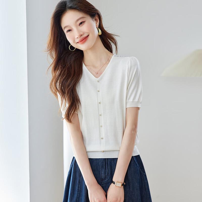 Srcr Women s V-Neck Silk Blend Short Sleeve Knit Top L