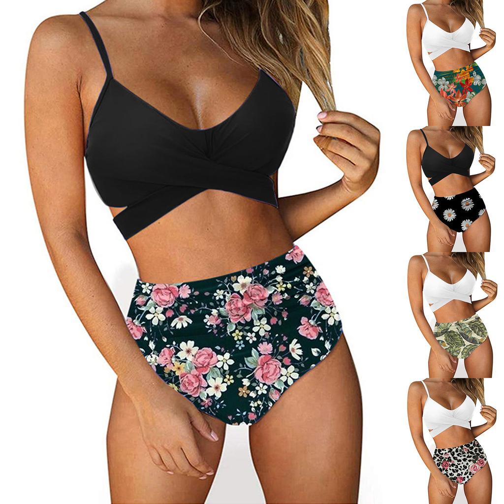 Two Piece Swimsuit For Women High Waisted Sexy Bathing Cross Push Up Bra Bikini Floral Print Wrap Swim Bottom