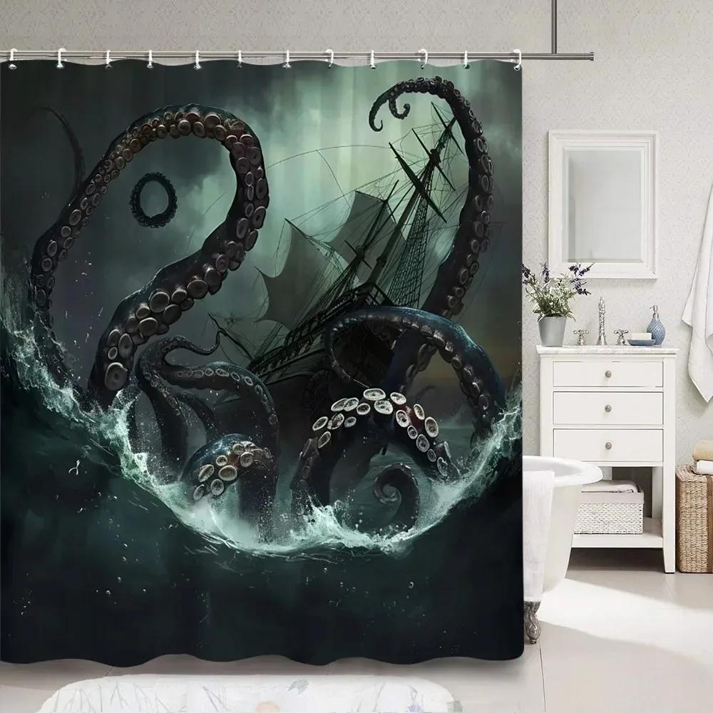 Horror Sea Monster Octopus Shower Curtain Dark Sailboat Ocean Vintage Pirate Ship Wave Polyester Shower Curtains Bathroom Decor