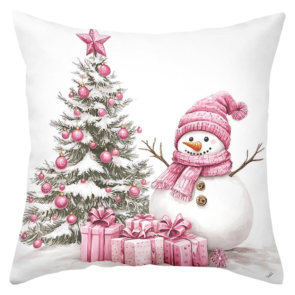 Pink Snowman Christmas Pattern Decorative Cushions Polyester Pillowcase, Sofa Decorative Cushion Cover, Bedside Throw Pillow