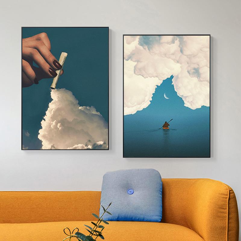 Vintage Future Imagination Sky Cloud Plakáty Obraz na plátně Legrační obraz na zeď pro moderní obývací pokoj Domácí dekorace