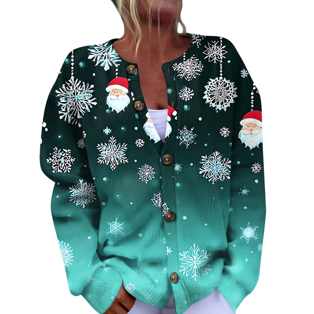 Sieviešu modes Ziemassvētku apdrukāta jaka ar garām piedurknēm, trikotāžas jaka ar pogu