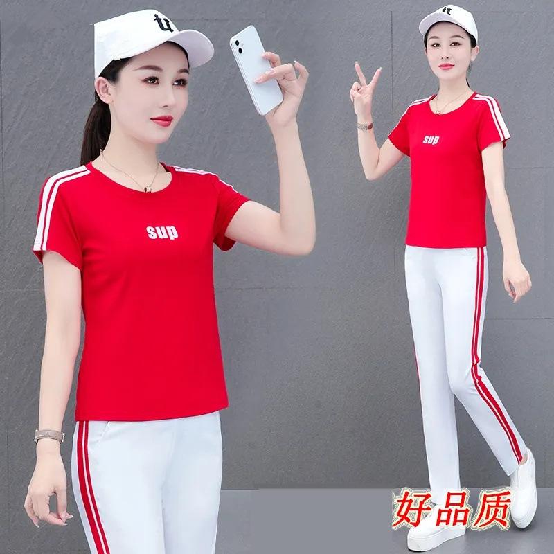 Short Sleeve Loose Sports Women's Square Dance Suit Summer New Fashion Mom T-Shirt Two-piece Set Unisex