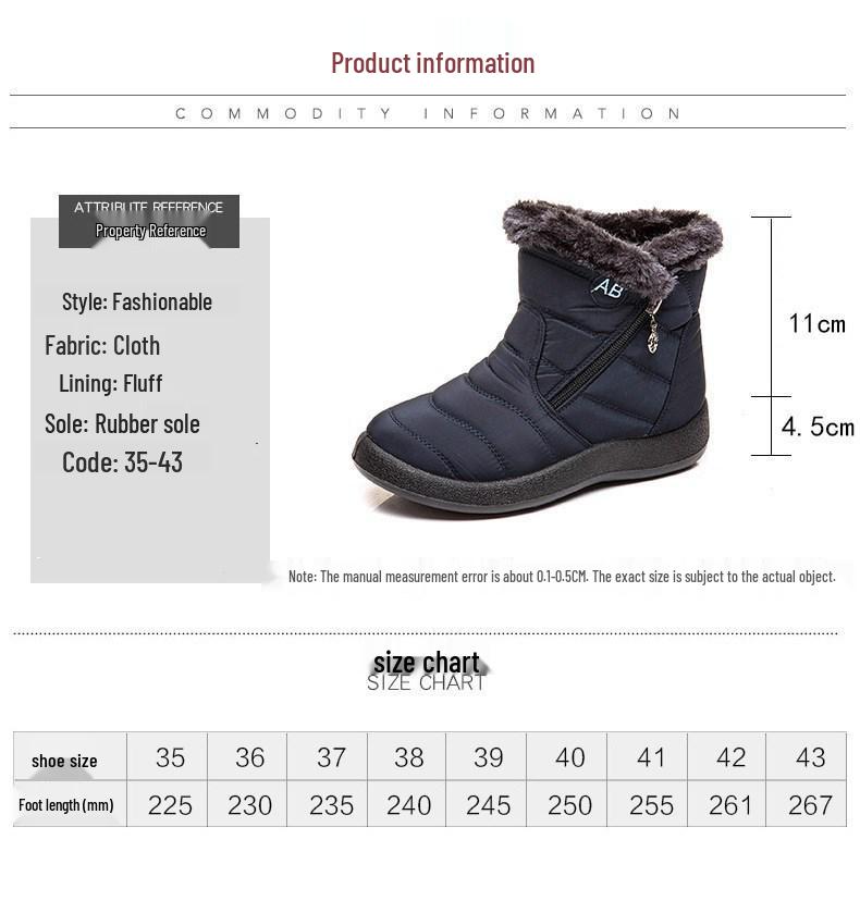 Plus Size Women's Winter Snow Boots with Side Zipper – Lightweight and Warm Cotton Mom Shoes
