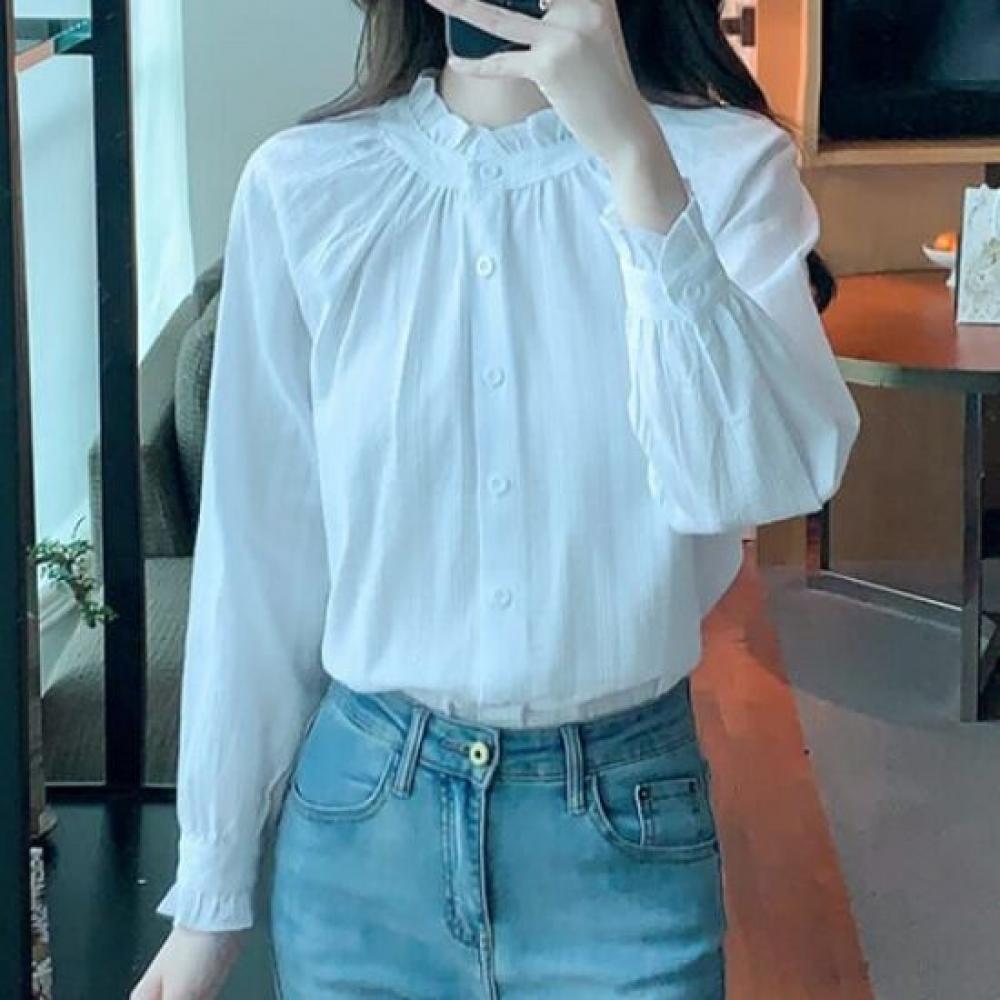 Navava Solid Frill Henry Neck Long Sleeve Blouse Nb3025