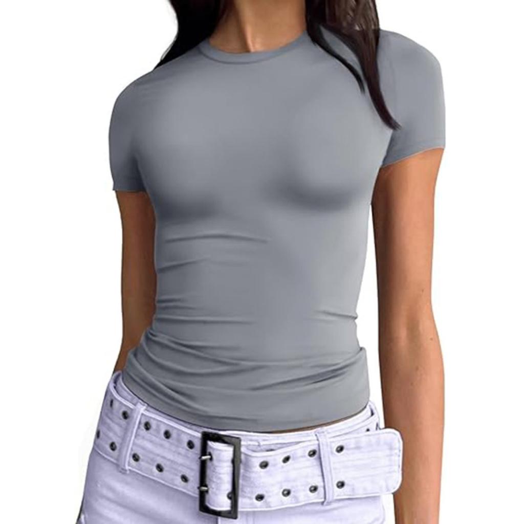 Sommer Damen Slim Fit Rundhals Milchseide T-Shirt, Y2K Mode Lässiges Crop Top für Damen