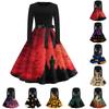 Women's Casual Long Sleeve Round Neck Vintage Halloween Print Midi Dress with Waist Tie Belt Retro Style