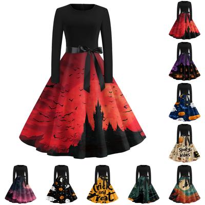 Women's Casual Long Sleeve Round Neck Vintage Halloween Print Midi Dress with Waist Tie Belt Retro Style