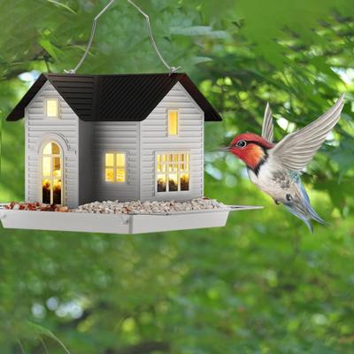 Alimentador de pássaros suspenso de metal, alimentador de pássaros com luzes solares, lanterna para jardim ao ar livre