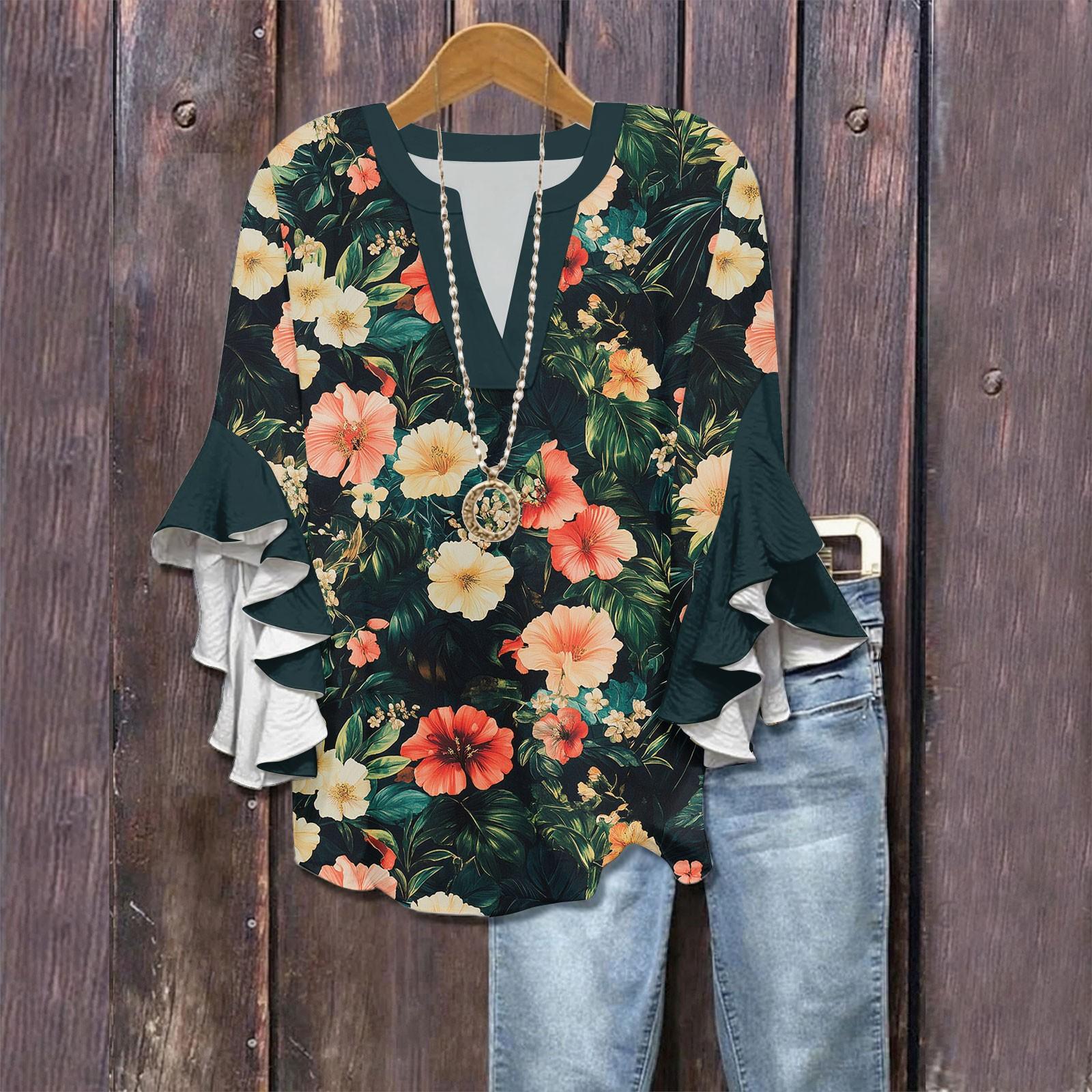 

Сорочки з рукавом 3/4 для жінок Милі футболки з графічним принтом Блузки Повсякденні великих розмірів Базові топи з рукавами-рюшами Пуловер XXL чорний