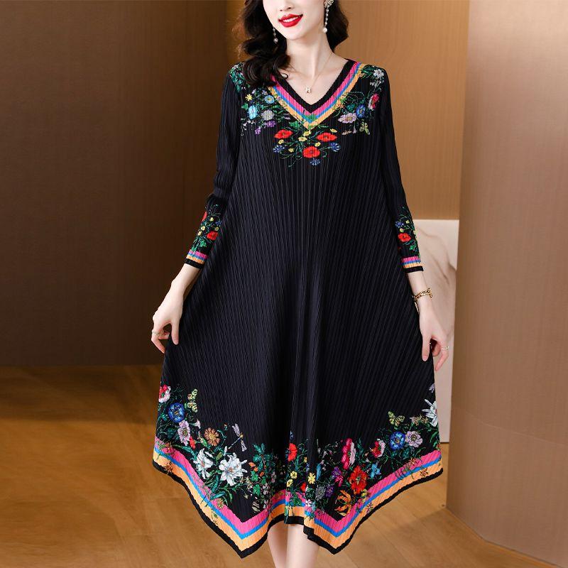 Women's Plus Size Dress Vintage Print Dress Ethnic Style Spring Summer A-line Pleated Stretch Maxi Dress