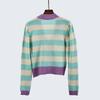 Spring and Autumn V Neck Short Color Stitching Bubble Long Sleeve Single-Breasted Cardigan Outwear Knitting Sweaters Women's Clothing