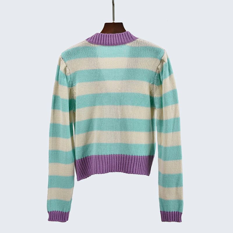 Spring and Autumn V Neck Short Color Stitching Bubble Long Sleeve Single-Breasted Cardigan Outwear Knitting Sweaters Women's Clothing