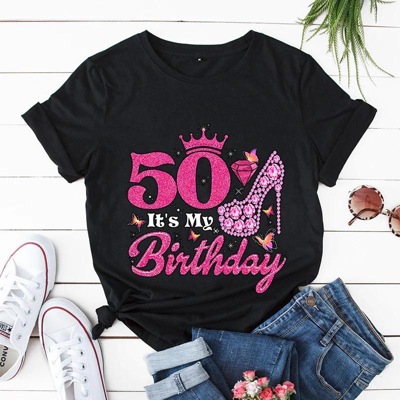 Birthday Queen Print Women T-shirts Birthday Party Women Tshirts 50 It's My Birthday Tees Leopard Graphic Tee T Shirt Y2k Tops