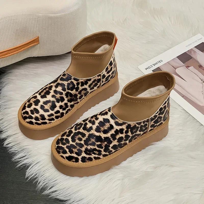 Leoparden Plateau Damen Schnee Stiefeletten Designer Flats Freizeitschuhe Plüsch Baumwollschuhe 2024 Trend Warme Winter Botas Mujer 35-42