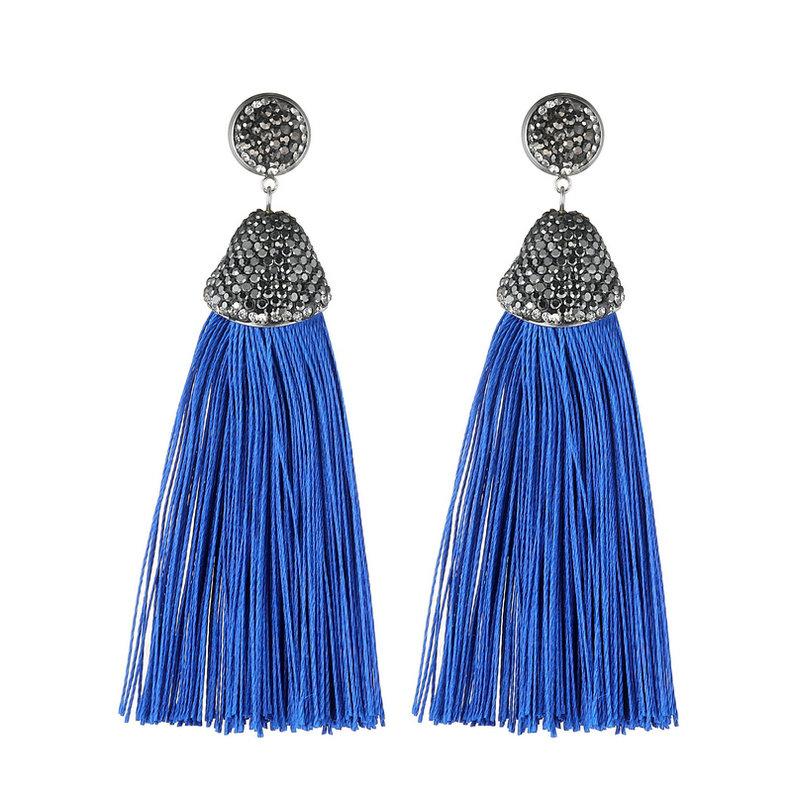 

Handmade Long Tassel Earrings Bohemian Black Red Pink White Blue Silk Fabric Rhinestone Dangle Drop Earrings For Women Zircon королівський синій колір
