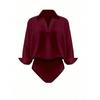 Women's Turn Down Collar 3/4 Sleeve V Neck Bodysuit Shirt Solid Color Blouse Top