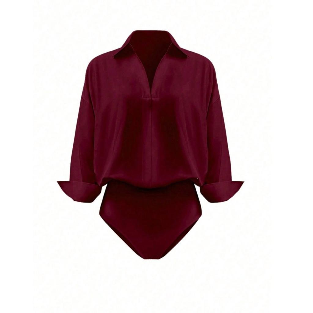 Women's Turn Down Collar 3/4 Sleeve V Neck Bodysuit Shirt Solid Color Blouse Top