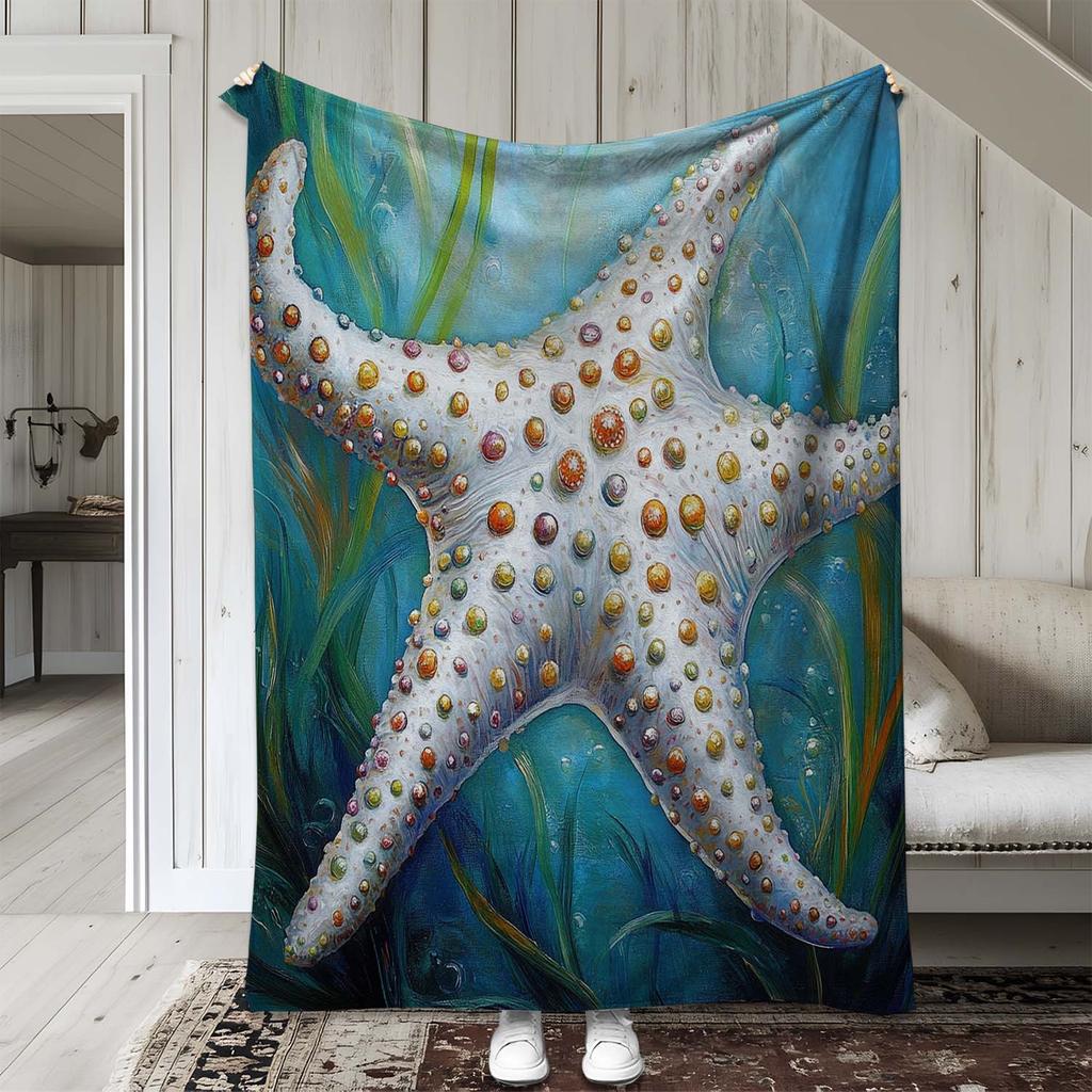 1pc Sdoo Flannel Blanket - Creative Sea Star Print, Soft Warm Cozy All-Season Throw for Sofa Bed Car Office Camping, Retro Style