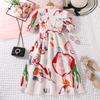 Girls' Fashion Dress 2025 Summer Children's Casual Puffed Sleeve Print Slim-fit Dress