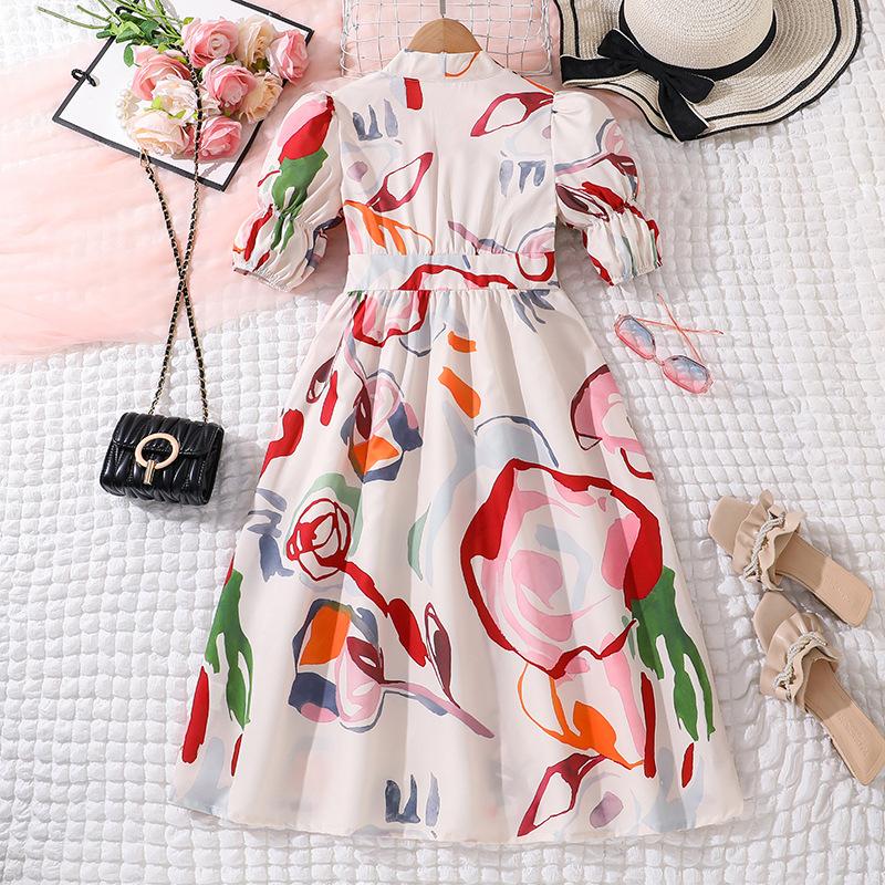 Girls' Fashion Dress 2025 Summer Children's Casual Puffed Sleeve Print Slim-fit Dress