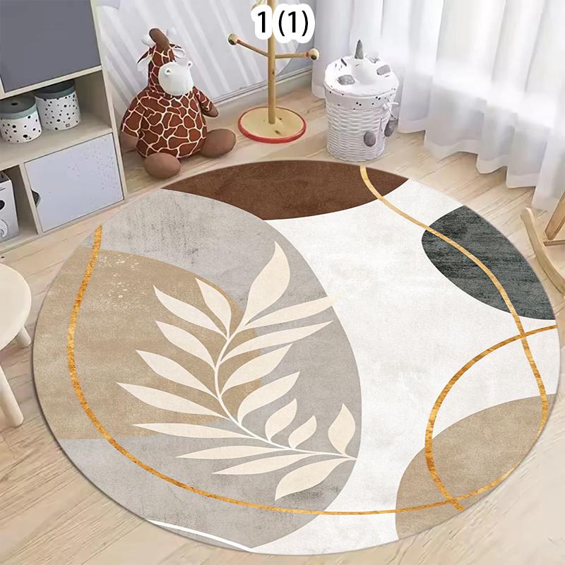 Modern Abstract Round Rug Gold Line Leaf Pattern Floor Mat Geometric Stripes Boho Style Soft Non-Slip Floor Decor Carpet