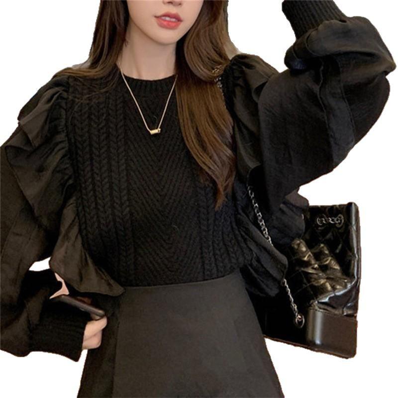 Bubble sleeves ruffle edge splicing design sense sweater spring and autumn loose top knitted sweater femininity gentle wind