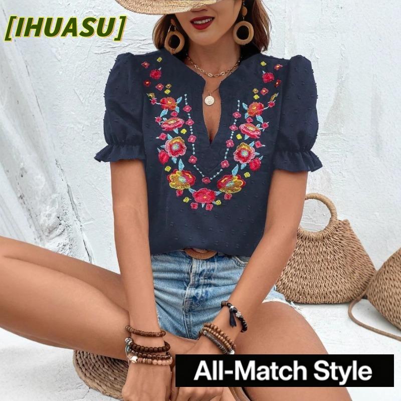 IHUASU Women's Fashion Casual V-Neck Short Sleeve Blouses & Shirts