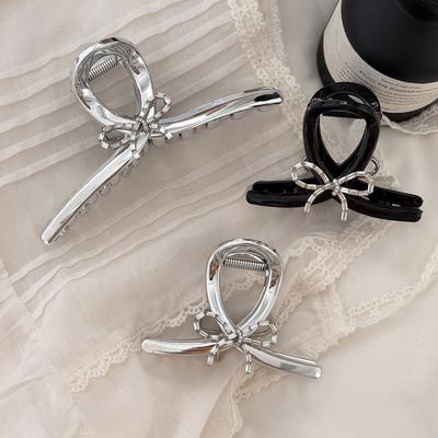 Metal Silver Rhinestone Bow Grab Clip for Girls Advanced Sense Back Head Disc Hair Shark Clip  Summer New Accessories Women