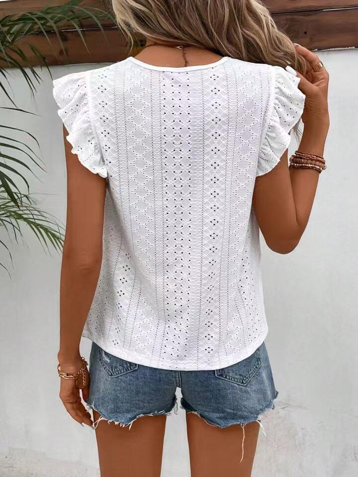 European-American Stylish Solid Lace Ruffle Sleeve Women's Summer Hollow Out Top