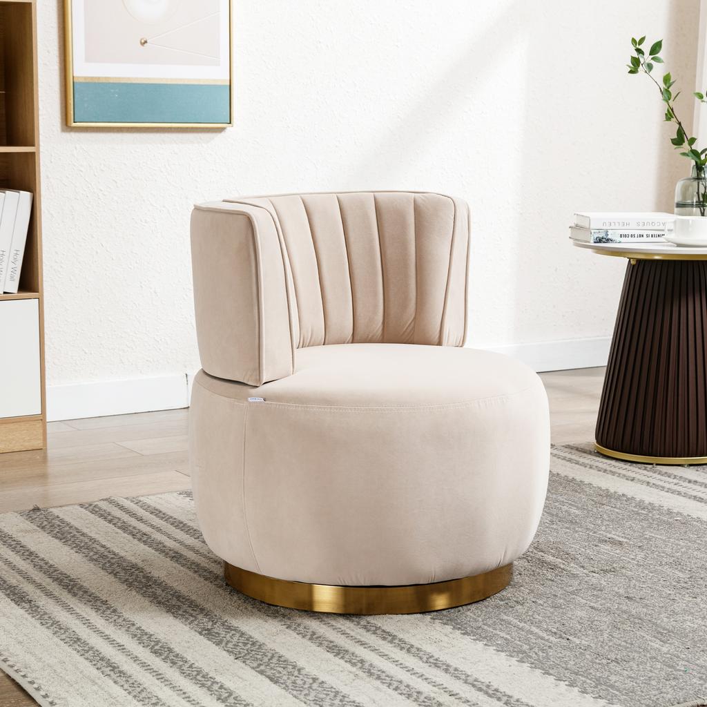 Silla Giratoria Moderna de 360 Grados, Acabado Suave de Terciopelo, Respaldo, Estructura Estable, Sillas Tipo Barril, Adecuada para Sala de Estar Dormitorio Estudio, Beige