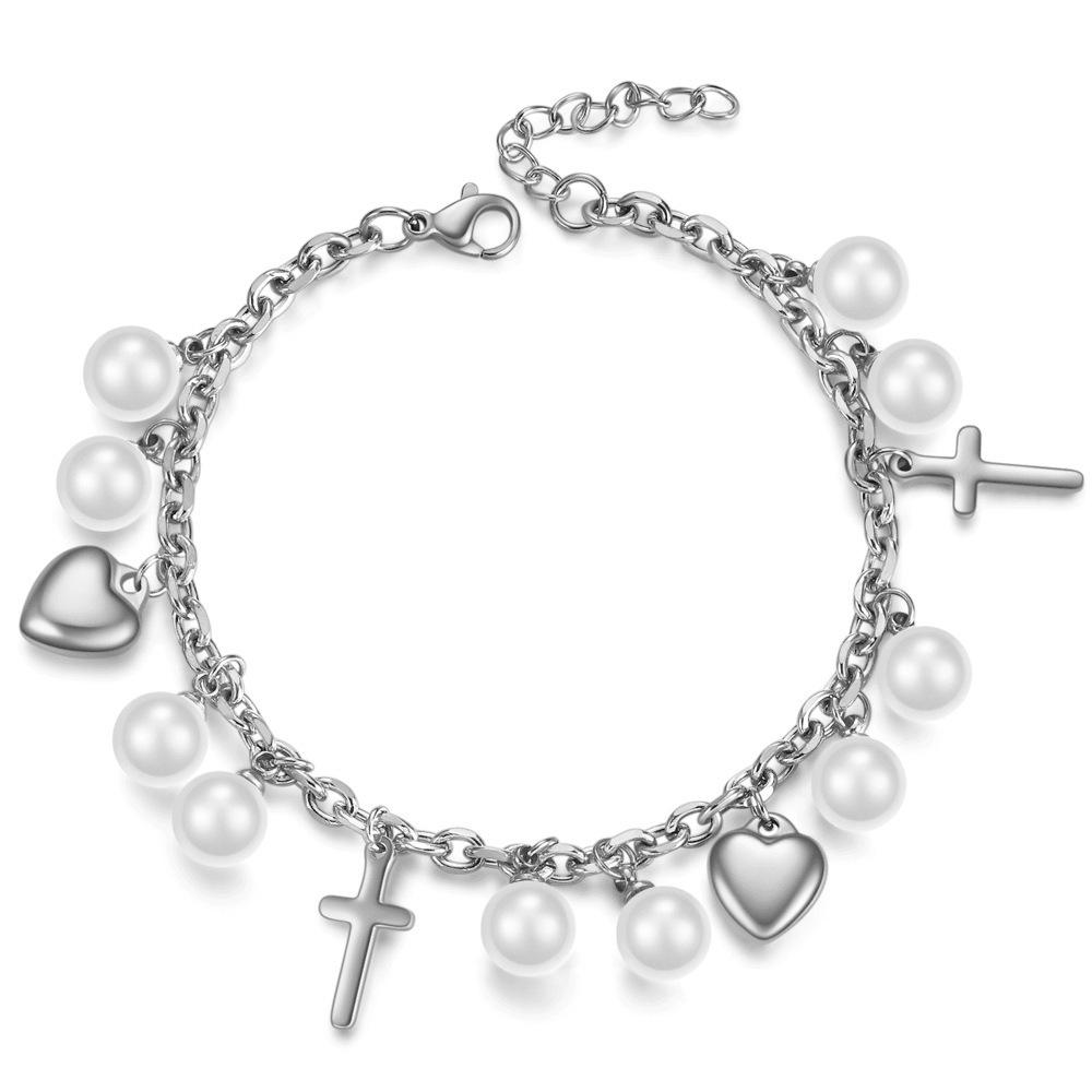 European-American Mixed Style Heart Pearl Stainless Steel Bracelet