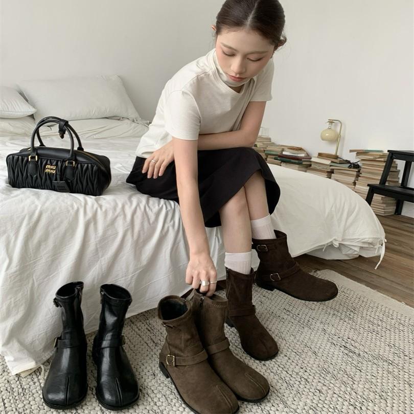 Autumn new mid-tube one-word split-toe western boots women's short boots genuine leather Korean version versatile Martin boots