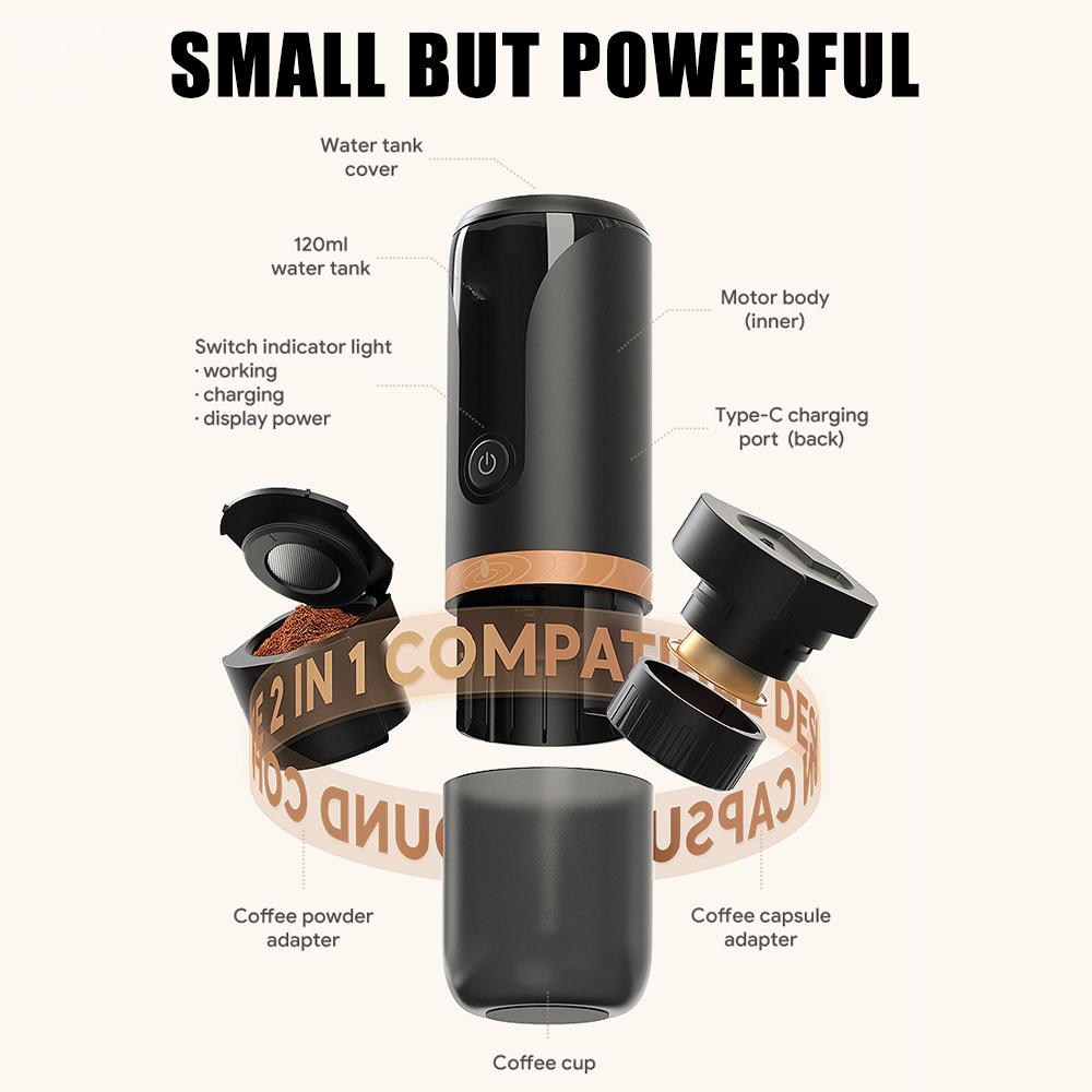 Portable Espresso Machine Mini Hiking Travel Coffee Maker Rechargeable 2 In 1 Compatible with Nespresso Capsules Ground Coffee