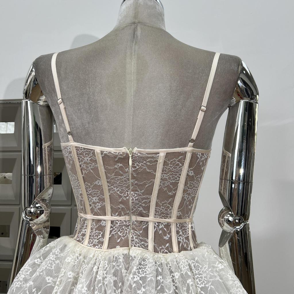 Sweet & Spicy Lace Waist-Cinched Puffy Strap Mini Dress for Parties - Autumn/Summer