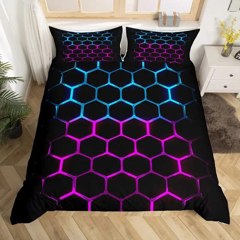 Honeycomb Duvet Cover Set Queen Size Geometry Hexagon Theme with Pink Blue Neon Lights Chic Comforter Cover for Boys Teen Man