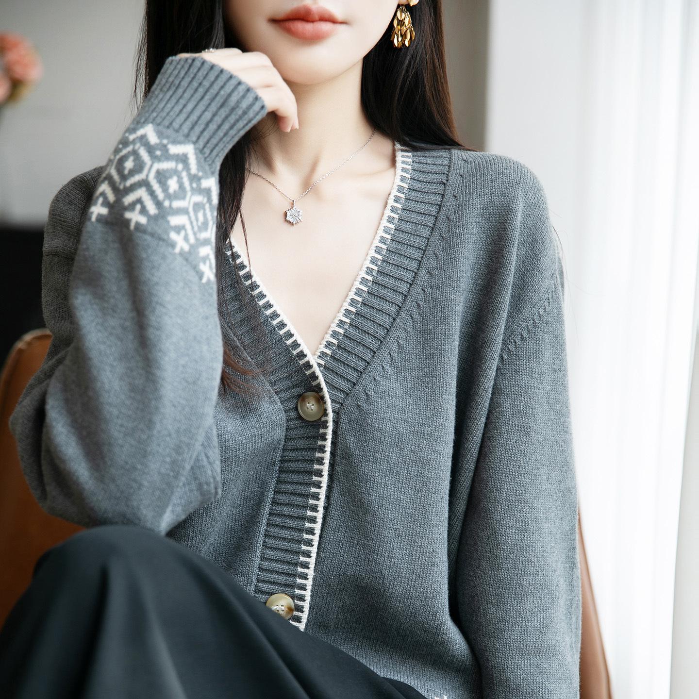 

Вязаный кардиган в этническом стиле, утолщенный, модный жаккардовый свитер-пальто для женщин XXL серый