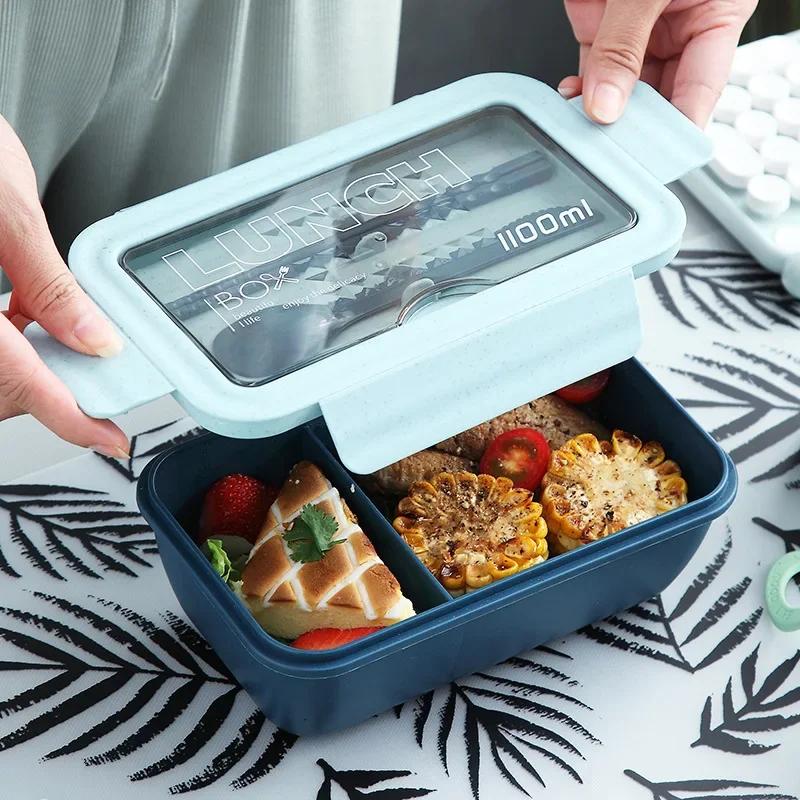 Portable 1100ML Plastic Food Storage Container, Bento Case, Leak - Proof, Microwave Heating, with Chopsticks and Spoons