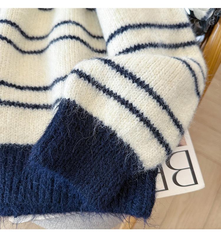 2026 Fall/Winter Korean Casual Color Block V-Neck Striped Knit Sweater