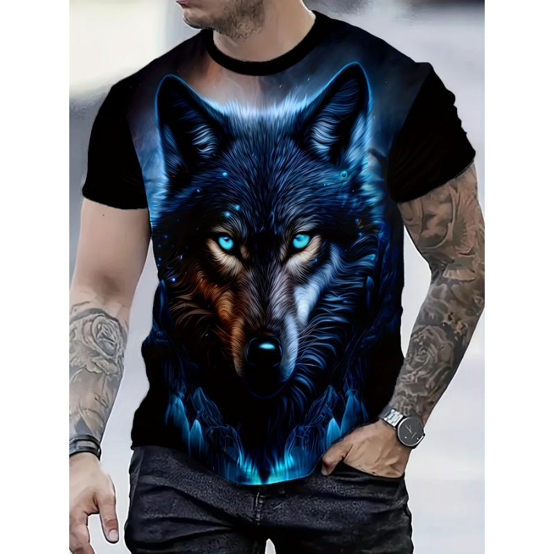 Men's Wolf and Cosmos Print T-Shirt Regular Crew Neck Casual Short Sleeve Top Fashion Street Party Clothing