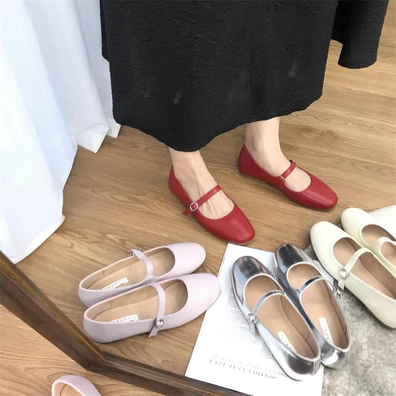 Fashion Flat Shoes Women's 2025 Spring New Red Round Toe Mary Jane Shoes Silver Working Outdoor Plus Size 42 43 44 Women's Shoes