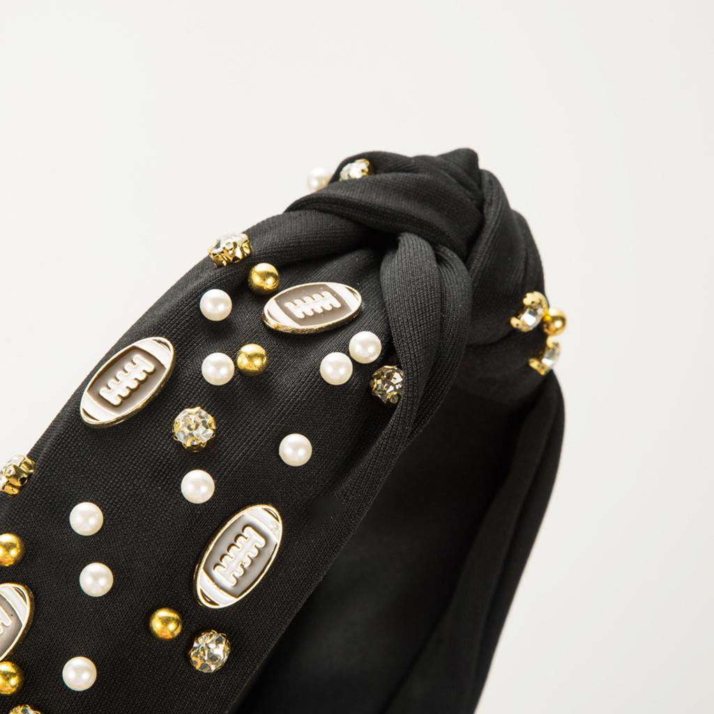 Women Fun Sports Football Embellished Headband Pearl Rhinestones Jeweled Headband Wide Top Knotted Hairband Headpiece