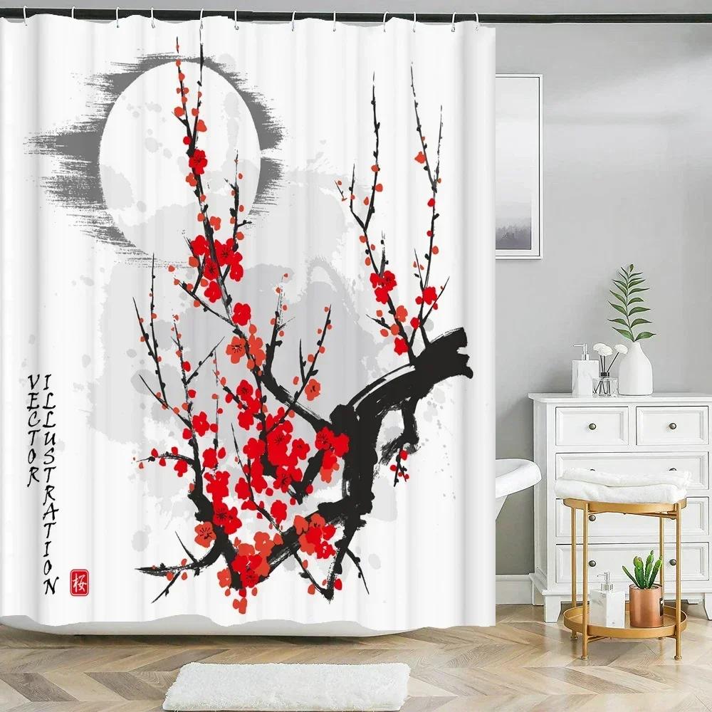 Japanese-Style Flowers Plum Blossom Shower Curtains Bathroom Curtain Frabic Waterproof Polyester Bath Curtain With Hooks