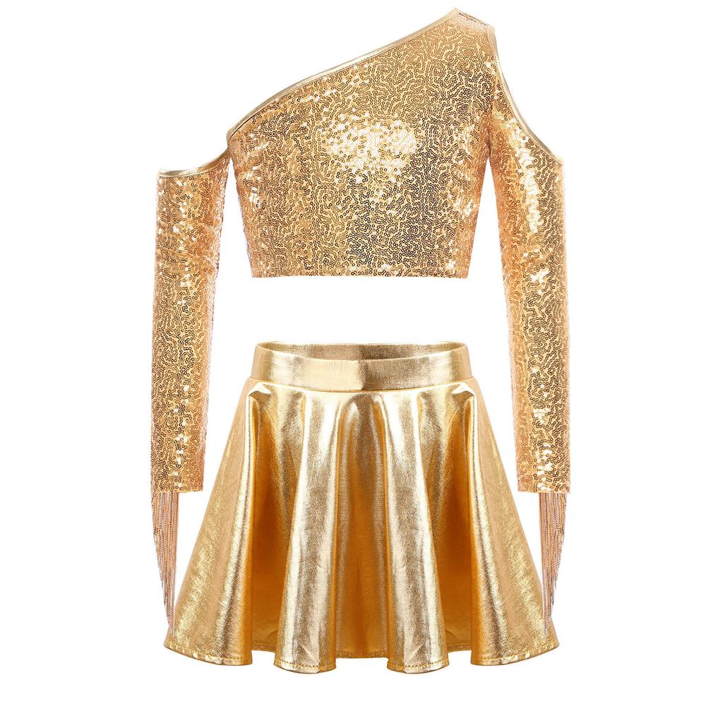 Kids Girls Metallic Stage Costume: One Shoulder Long Sleeve Sequined Crop Top & High Waist Pleated A-Line Skirt for Jazz Dance