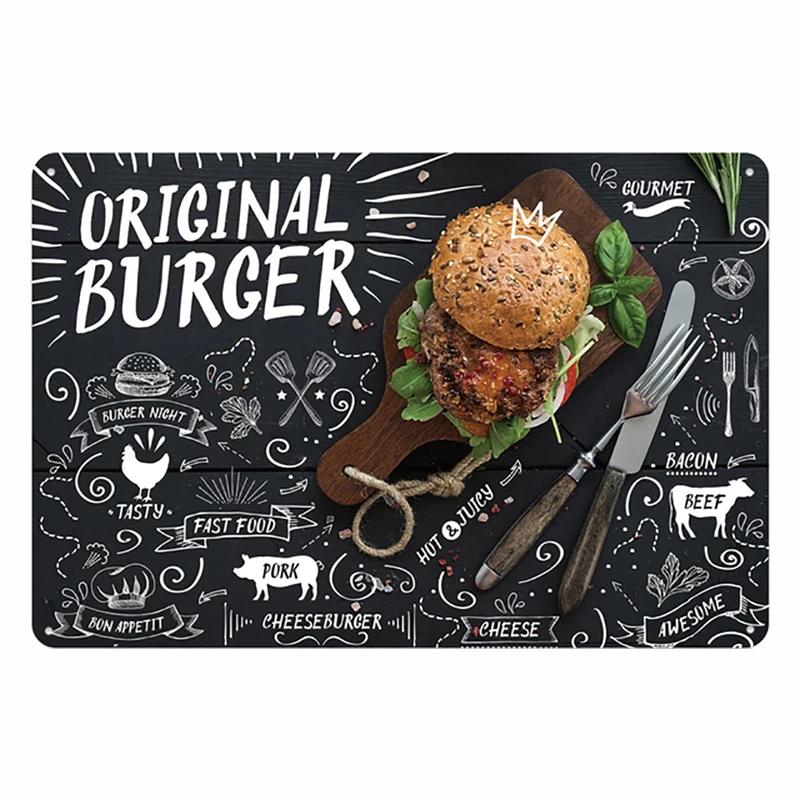 Hot Burgers Plaque Metal Tin Sign Vintage Poster Fried Chicken Retro Plate Wall Decor for Kitchen Restaurant Shop