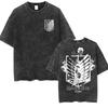 Anime Attack Titan Retro Wash Bedrucktes T-Shirt Mikasa Ackerman Eren Jaeger Freie Flügel Muster Herren Sommer T-Shirt