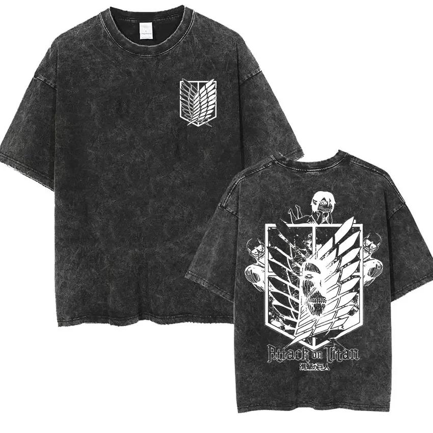 Anime Attack Titan Retro Wash Bedrucktes T-Shirt Mikasa Ackerman Eren Jaeger Freie Flügel Muster Herren Sommer T-Shirt