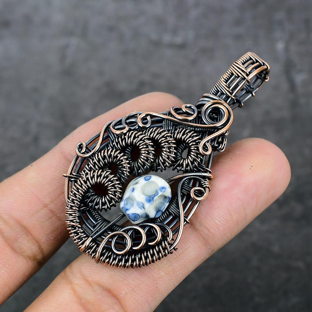 Natural Mosaic Jasper Gemstone Copper Wire Wrap Gift Jewelry Pendant 2.56" E6b25
