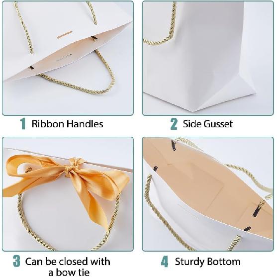 SUPERFINDINGS 12 Sets White Gift Bags Medium Gift Bags with Handles Party Favor Bags with Gold Bow Ribbon Paper Bags Bulk For Party Wedding Birthday